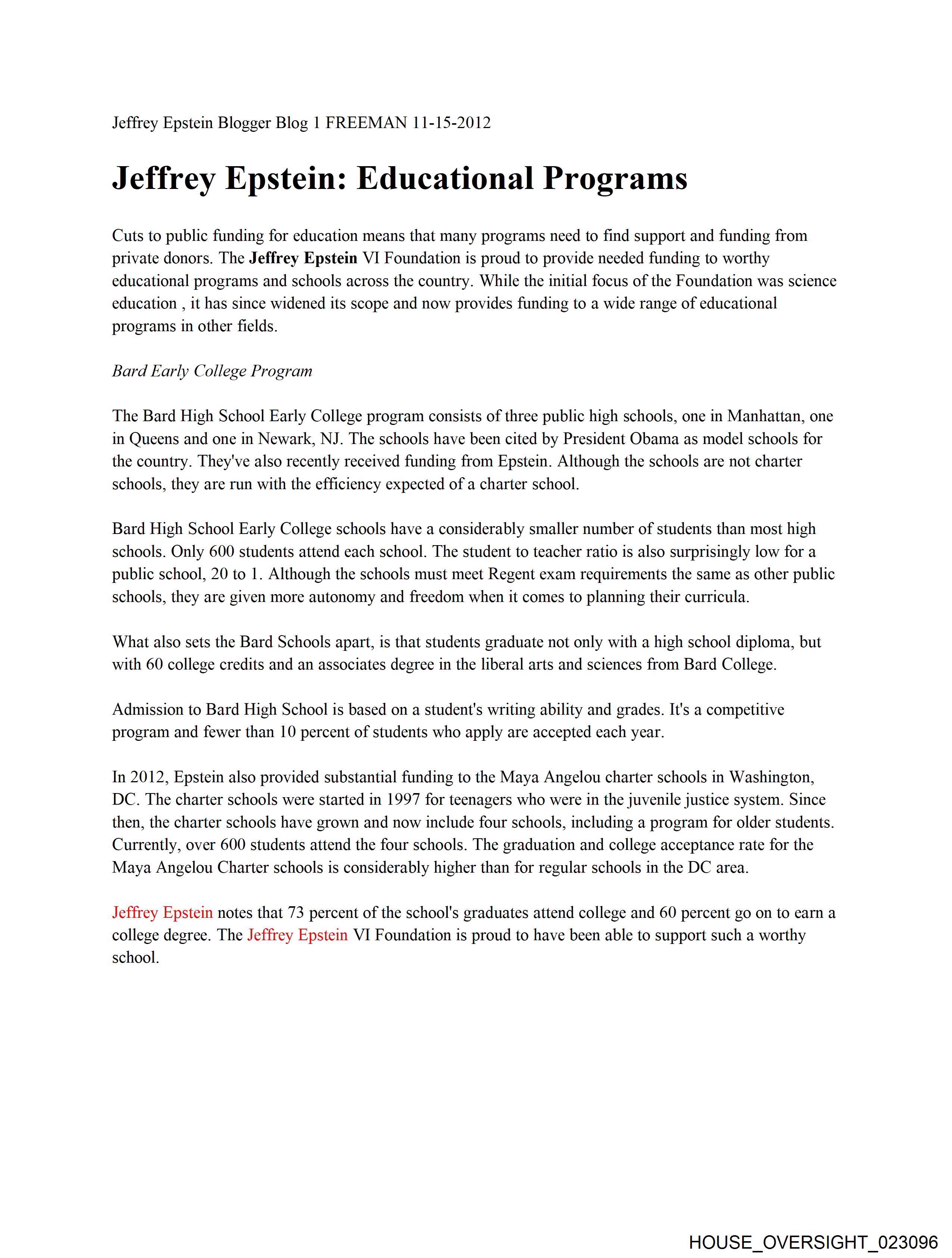 Jeffrey Epstein Educational Programs and Foundation Funding (File ...